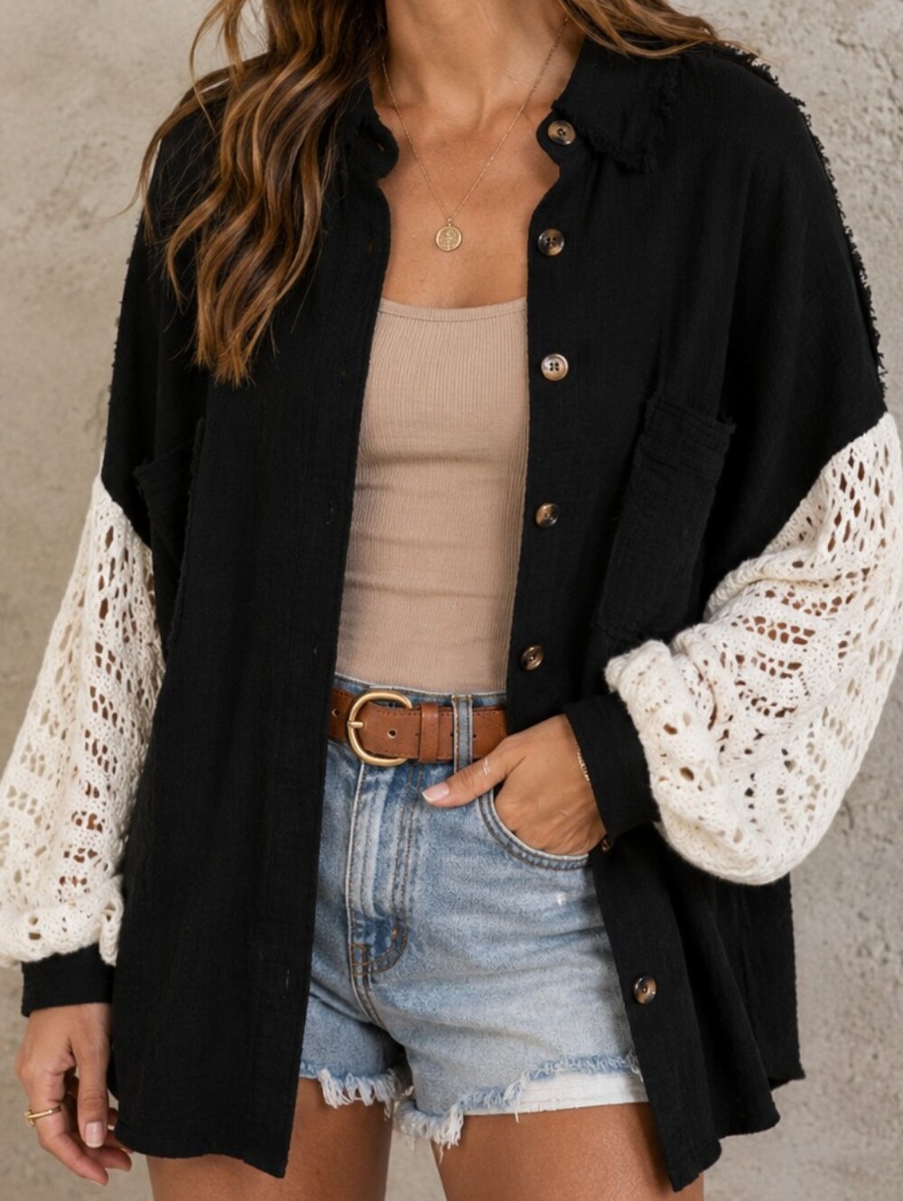 POL Black Button-Front Shirt Jacket with Cream Crochet Sleeves. NWOT Sz L